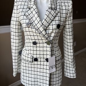 ZARA PLAID DOUBLE BREASTED BLAZER WHITE BLACK REF. 2372/519/070 SIZE S 2022